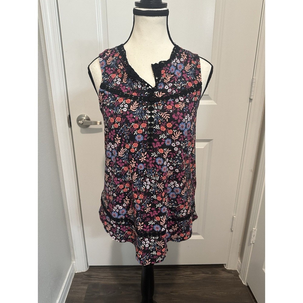 Lucky Brand Floral Sleeveless Blouse Lace Trim Boho Top S NWT